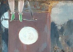 《フォリー・ベルジェールのバー》左上の空中ブランコ乗りの脚と電灯（部分）