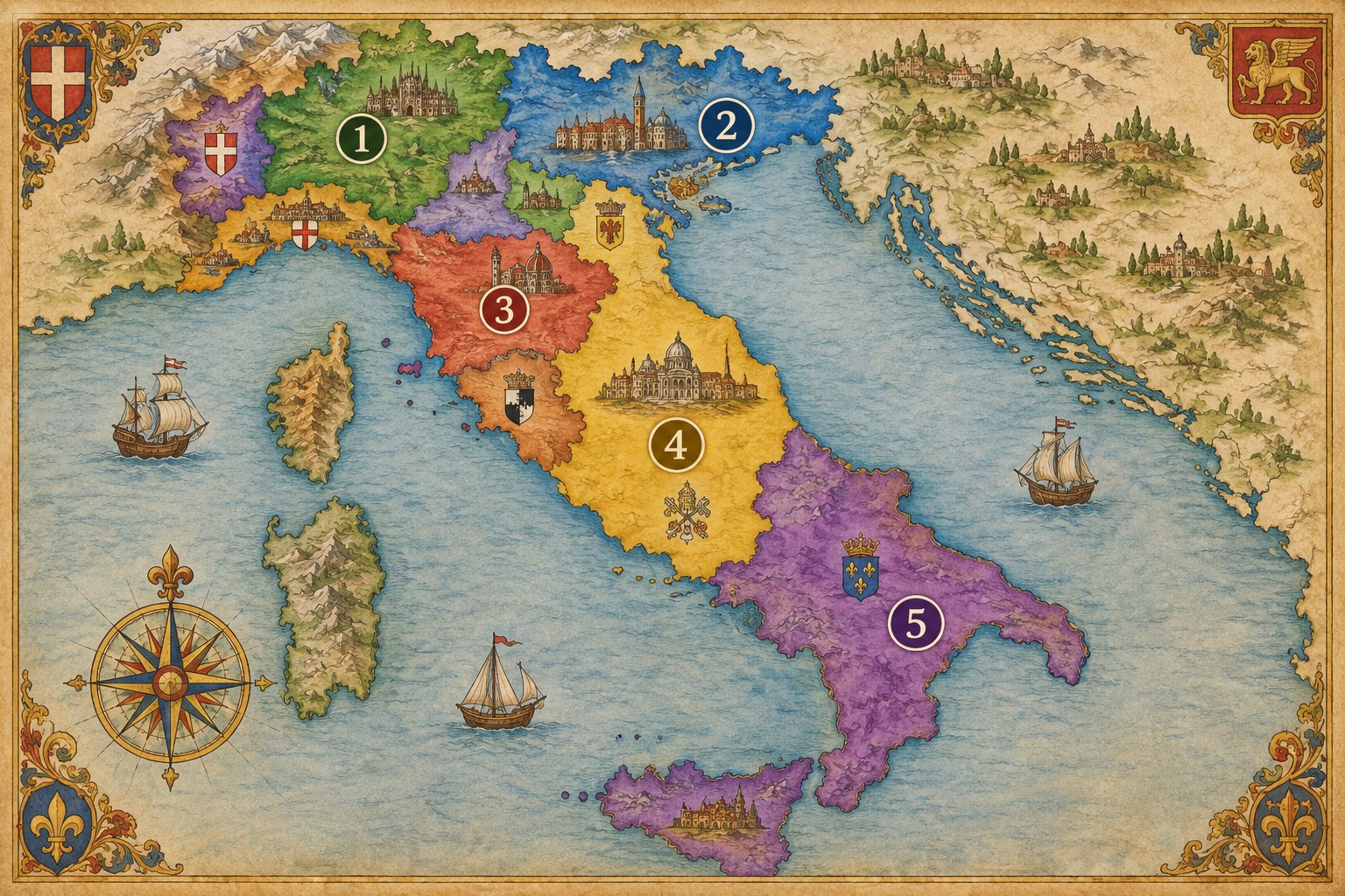 1454年ごろのイタリア半島の勢力図。ミラノ公国、ヴェネツィア共和国、フィレンツェ共和国、教皇領、ナポリ王国の主要5勢力を示した概念図