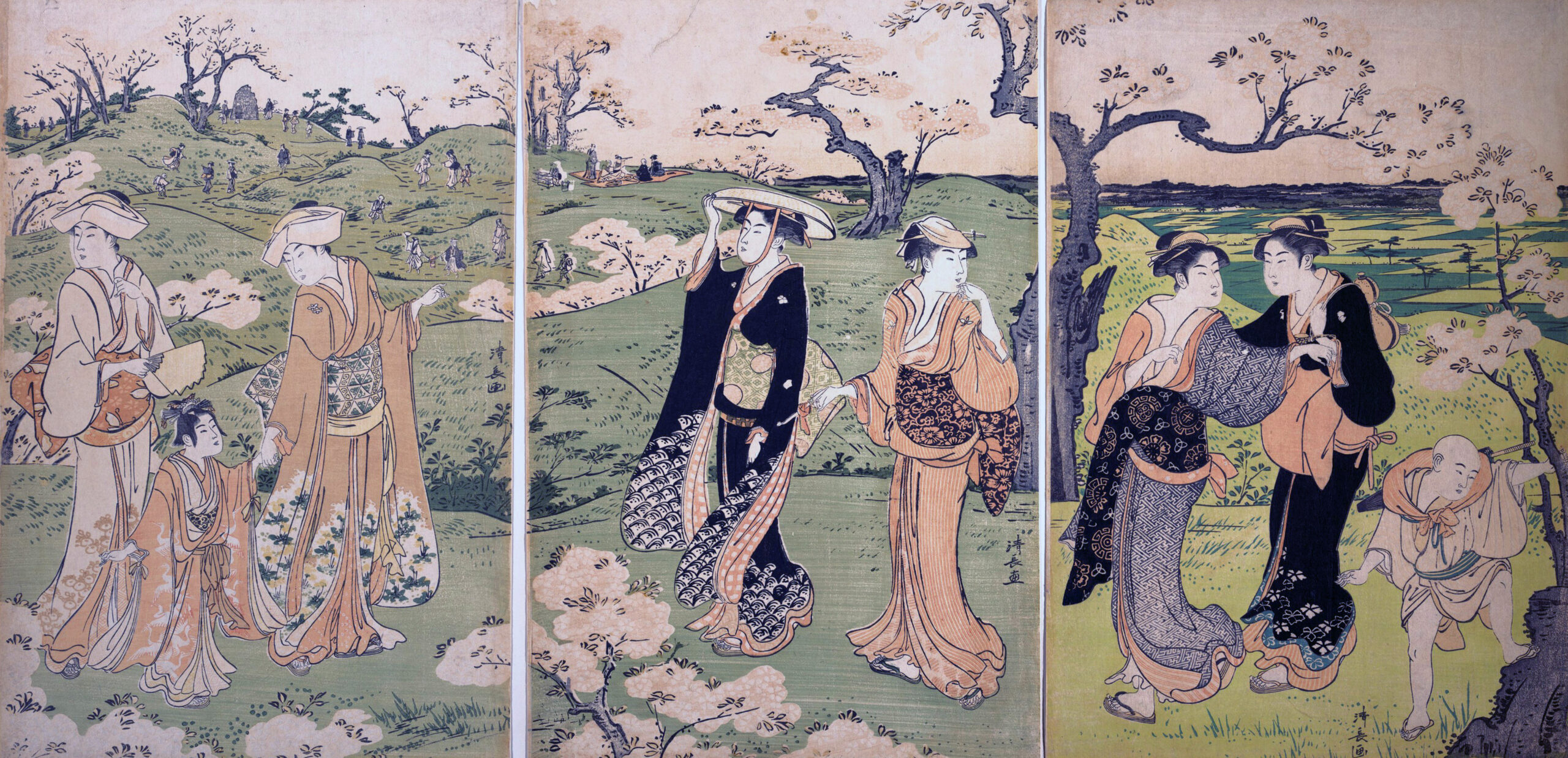 鳥居清長《飛鳥山の花見》1787年頃。桜の咲く飛鳥山を歩く女性たちを描いた三枚続
