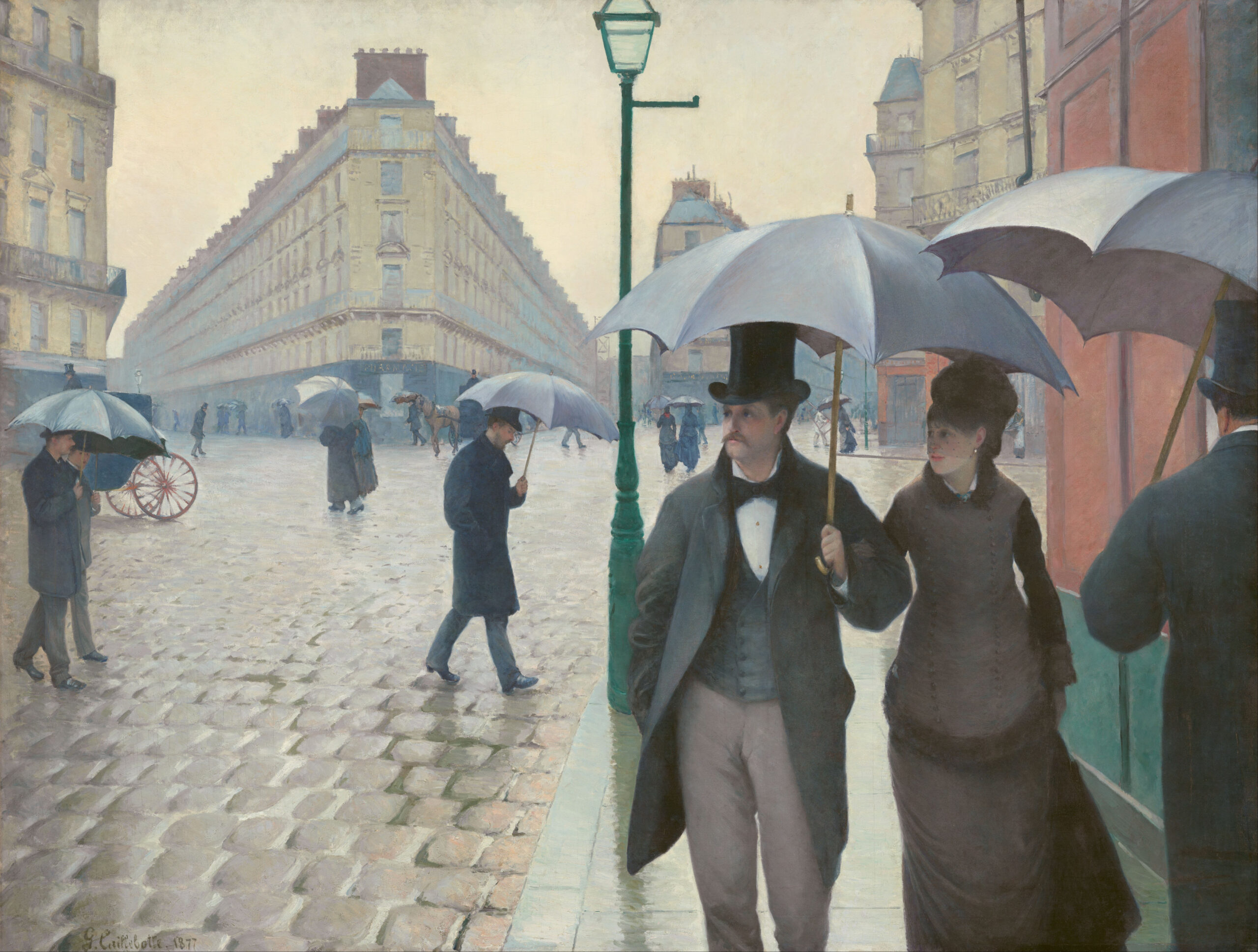 ギュスターヴ・カイユボット《パリの通り、雨》1877年 シカゴ美術館蔵
