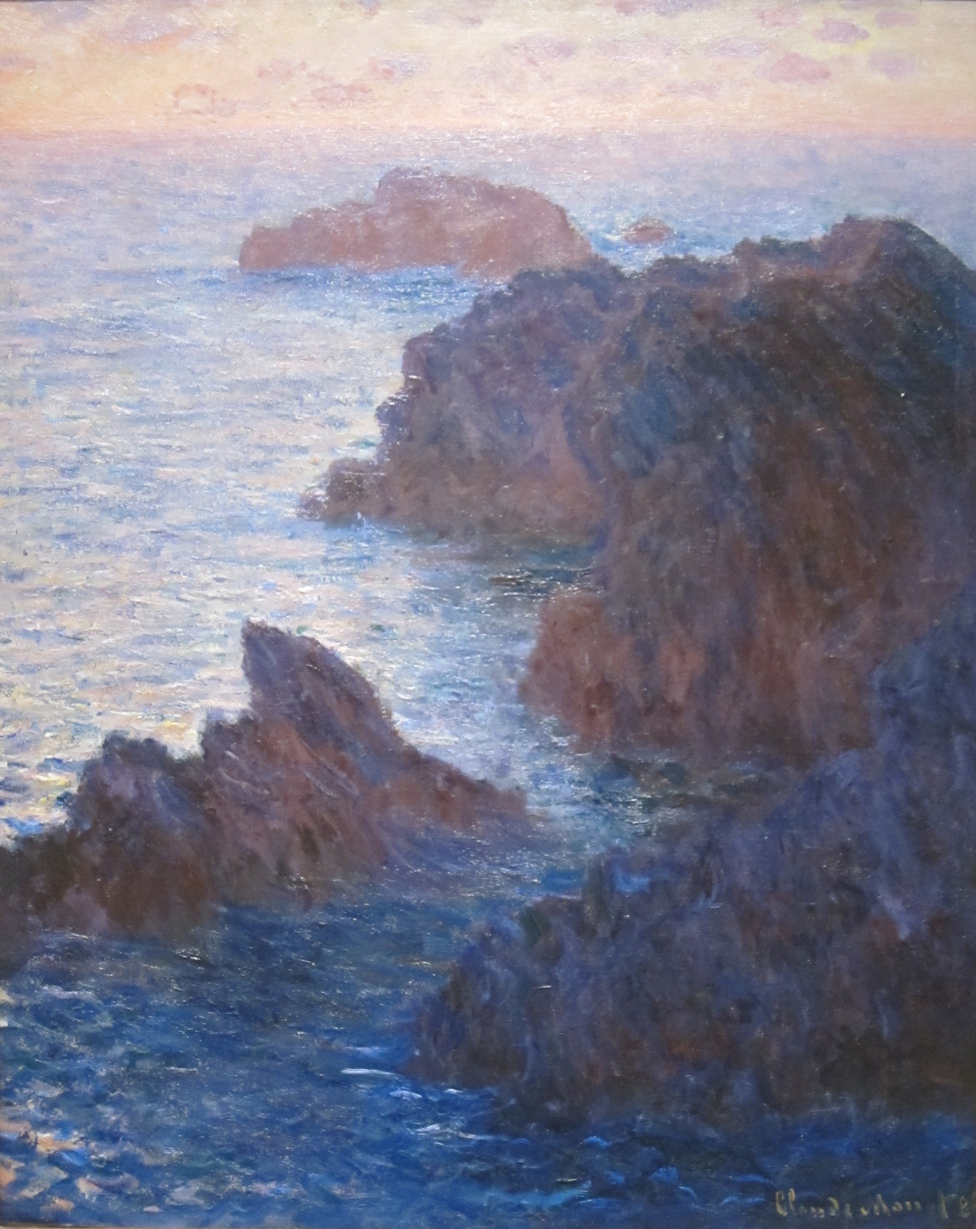 クロード・モネ《ベリールの岩場、ポール＝ドモワ》1886年、シンシナティ美術館蔵。海にそびえる岩と打ち寄せる波