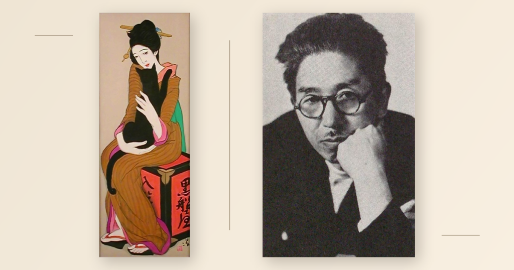 竹久夢二《黒船屋》と竹久夢二の肖像写真を並べた画像