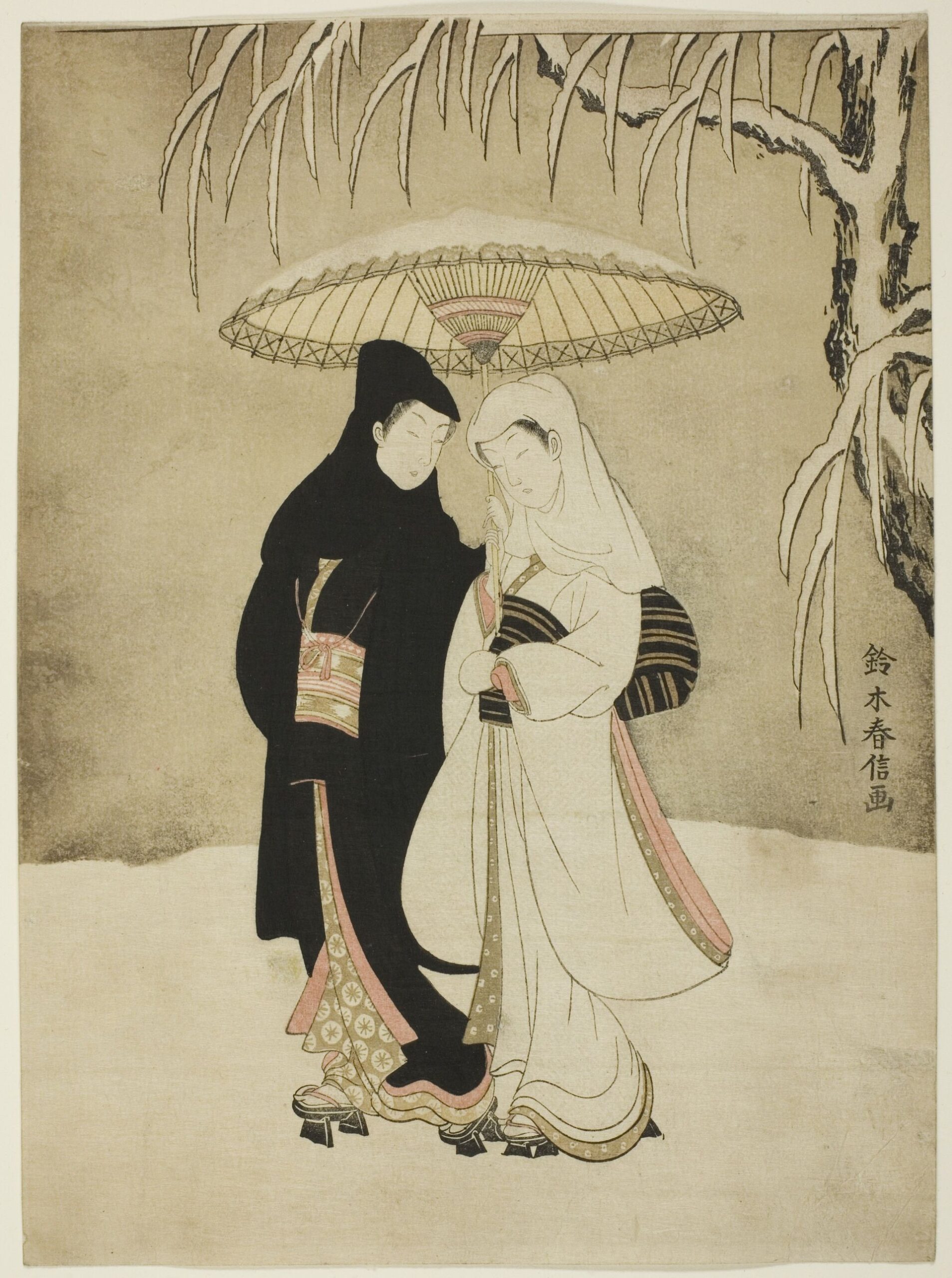 鈴木春信 雪中相合傘 雪の中で相合傘をさす男女を描いた錦絵