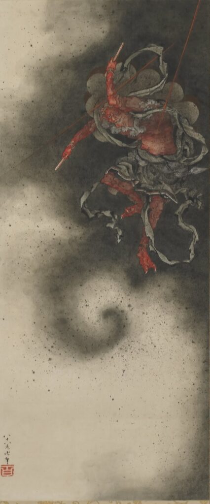 葛飾北斎《雷神図》黒雲の中で太鼓を背負う赤い雷神