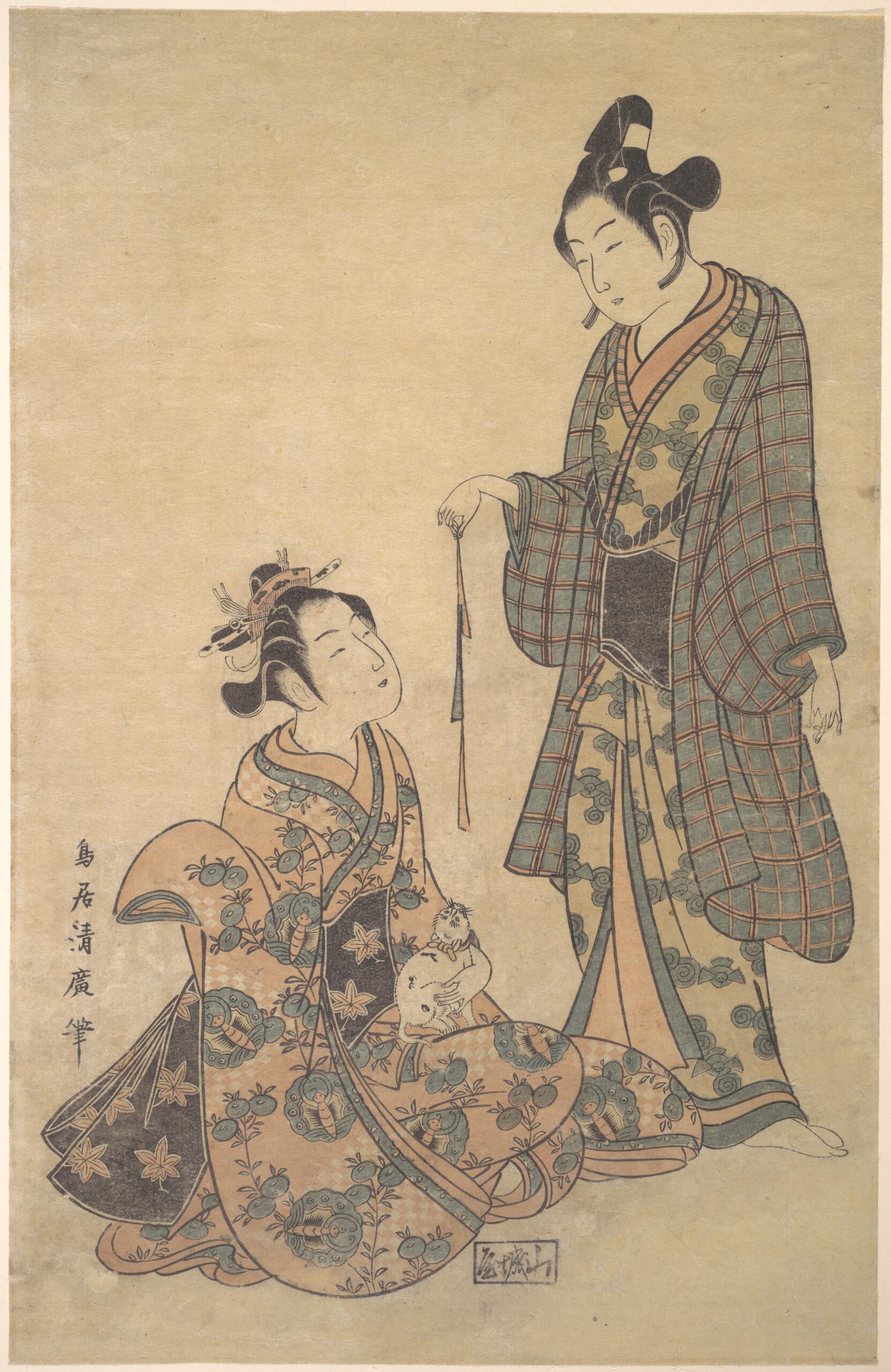 鳥居清広《猫を抱く女性》座って猫を抱く女性を描いた浮世絵