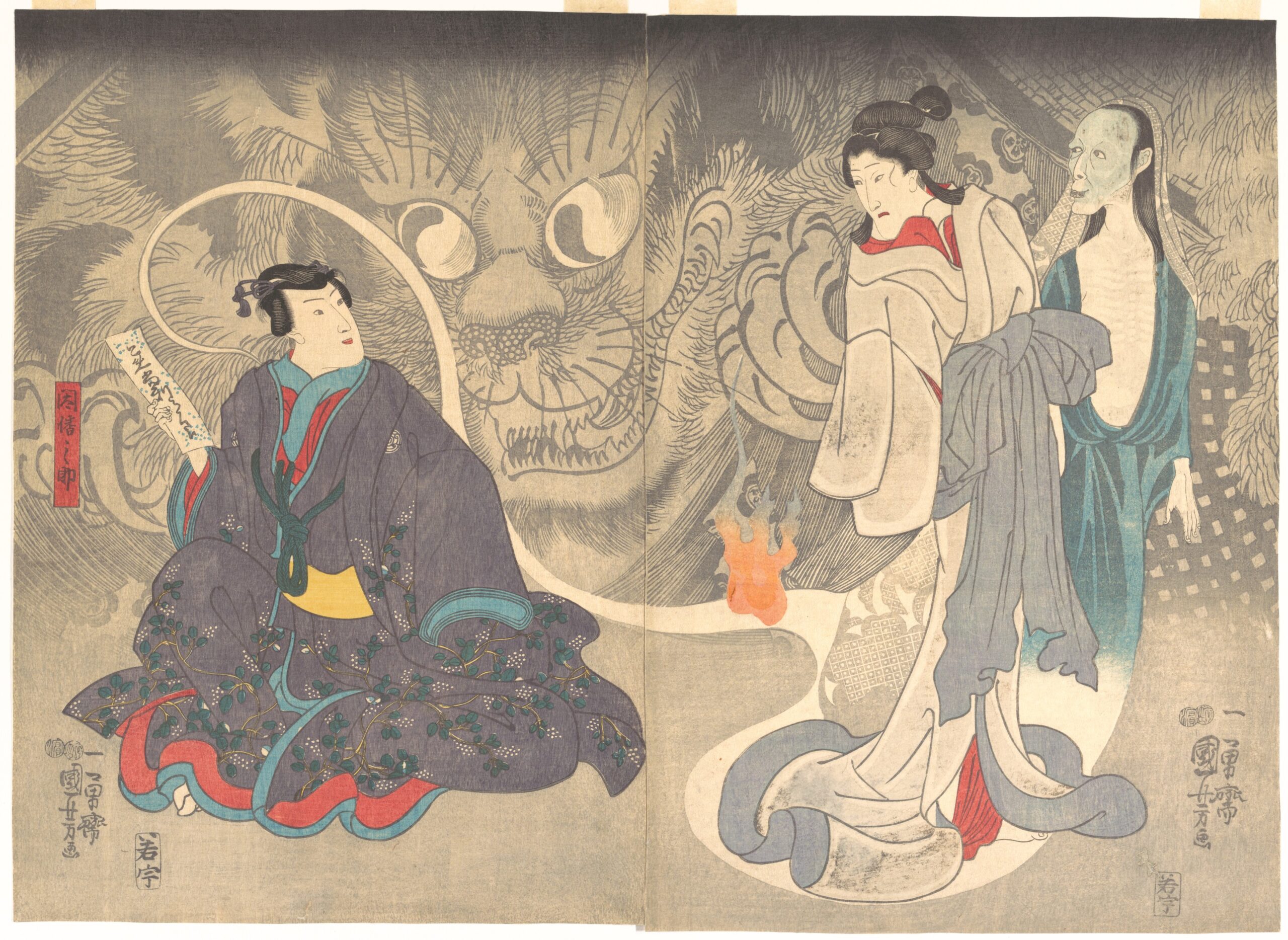 歌川国芳《岡崎の化け猫》巨大な化け猫が現れる怪談の浮世絵