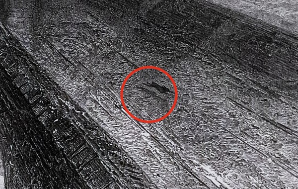 版画の部分拡大。線路上の野ウサギを赤丸で示す
