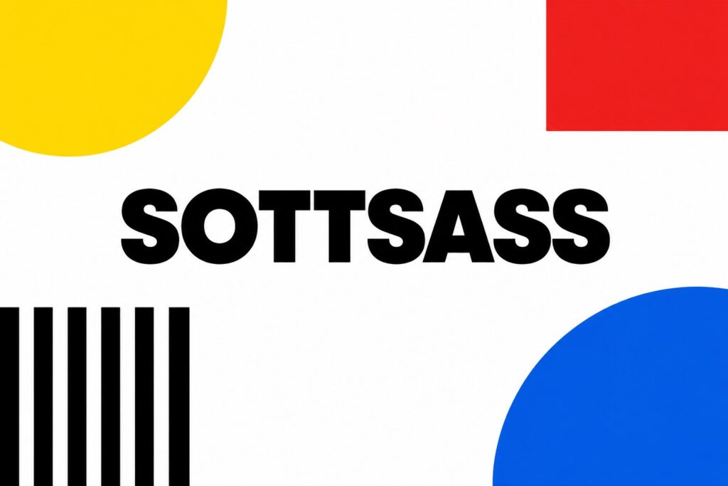 SOTTSASSの文字と白黒ストライプ、黄色・赤・青の平面図形で構成した抽象バナー