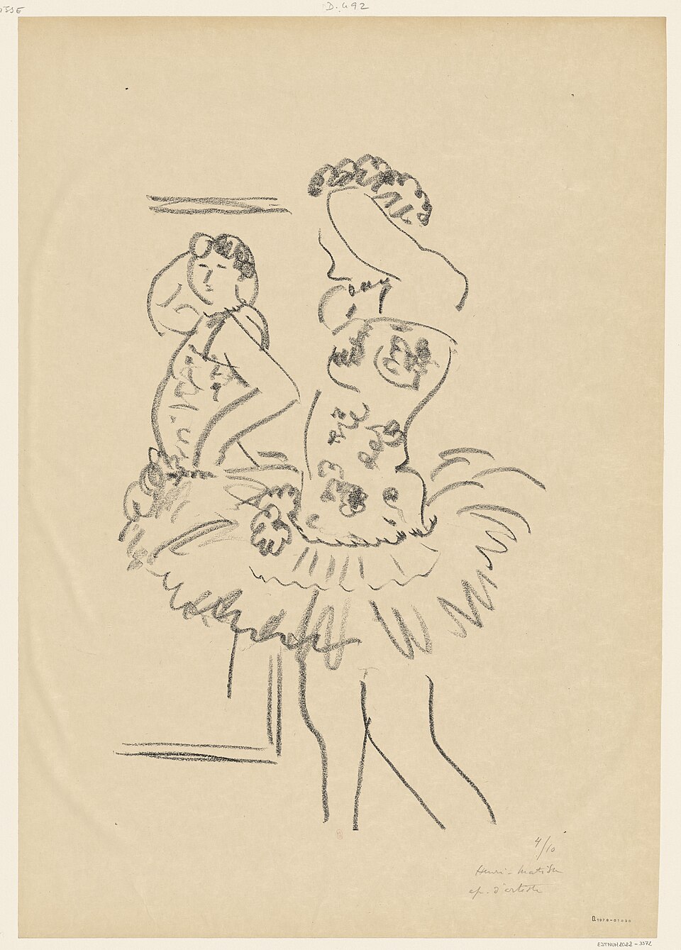 マティス《鏡の前の踊り子》1927年。鏡の前に立つ踊り子の背中と鏡像を柔らかな線で表現したリトグラフ