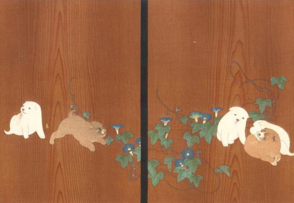 朝顔狗子図杉戸 円山応挙 子犬