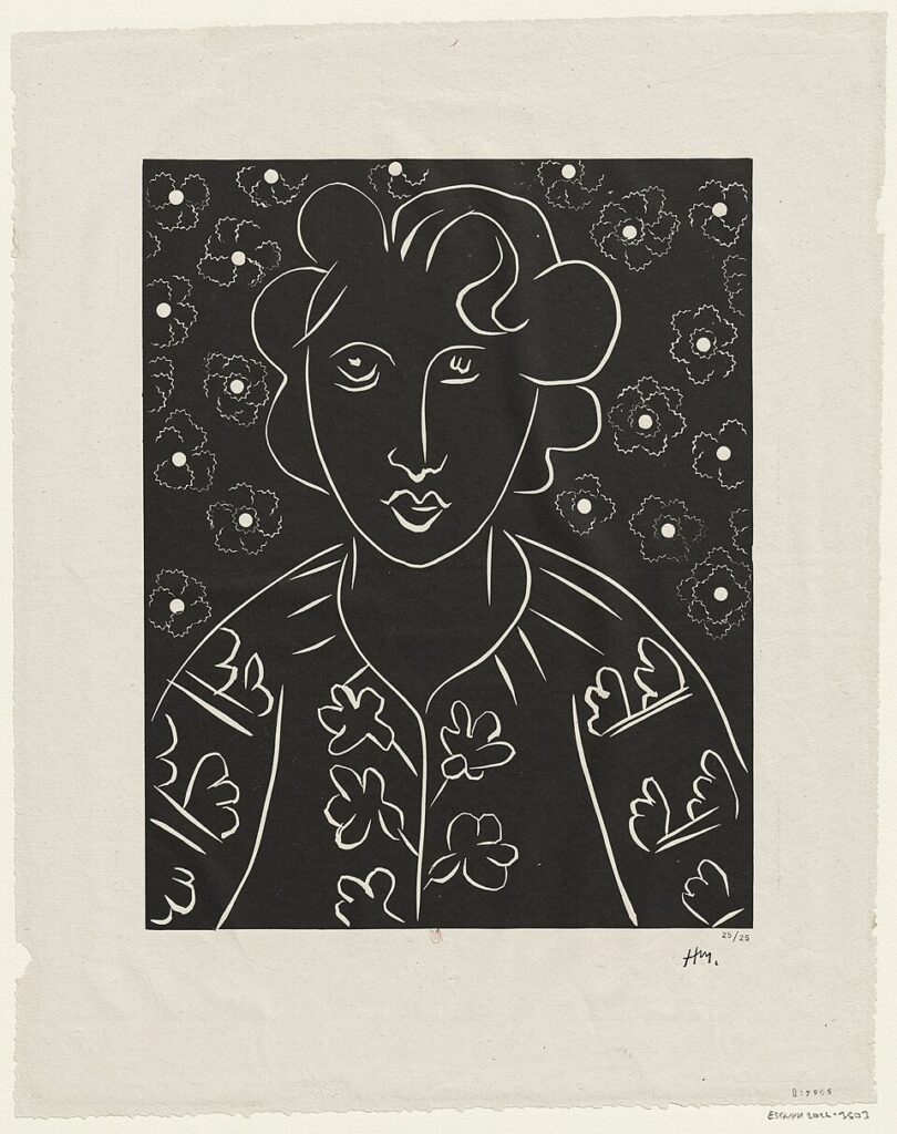 マティス《Isaïa（イザイア）》1938年、黒地に白線で描いた花柄の衣装の女性肖像。リノカット版画