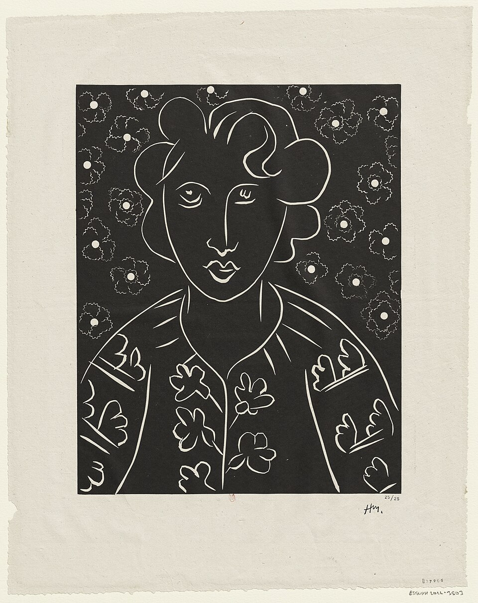 マティス《Isaïa（イザイア）》1938年、黒地に白線で描いた花柄の衣装の女性肖像。リノカット版画