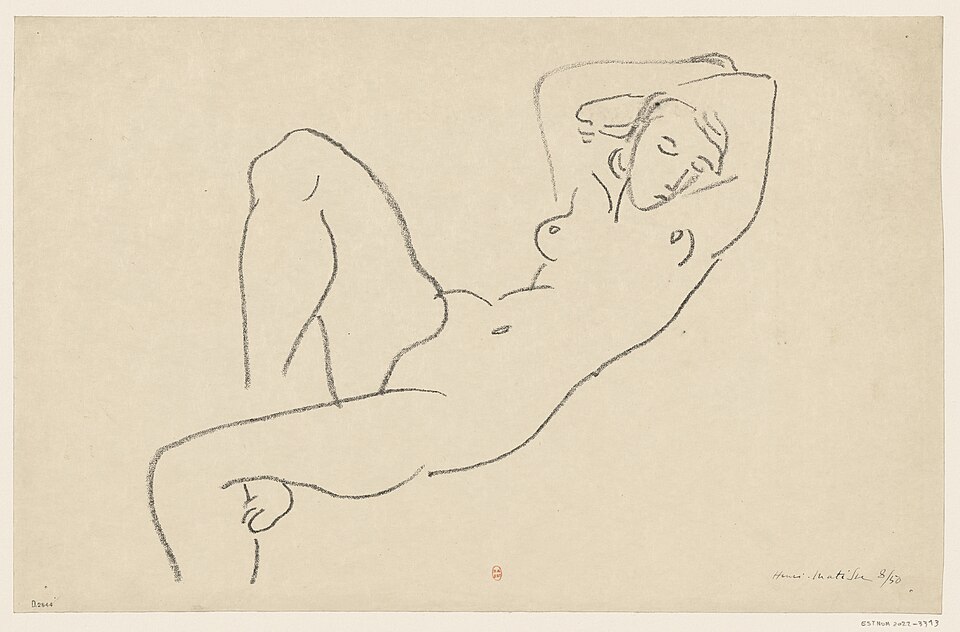 マティス《夜（La Nuit）》1922年、横たわる裸婦を少ない線で描いたリトグラフ