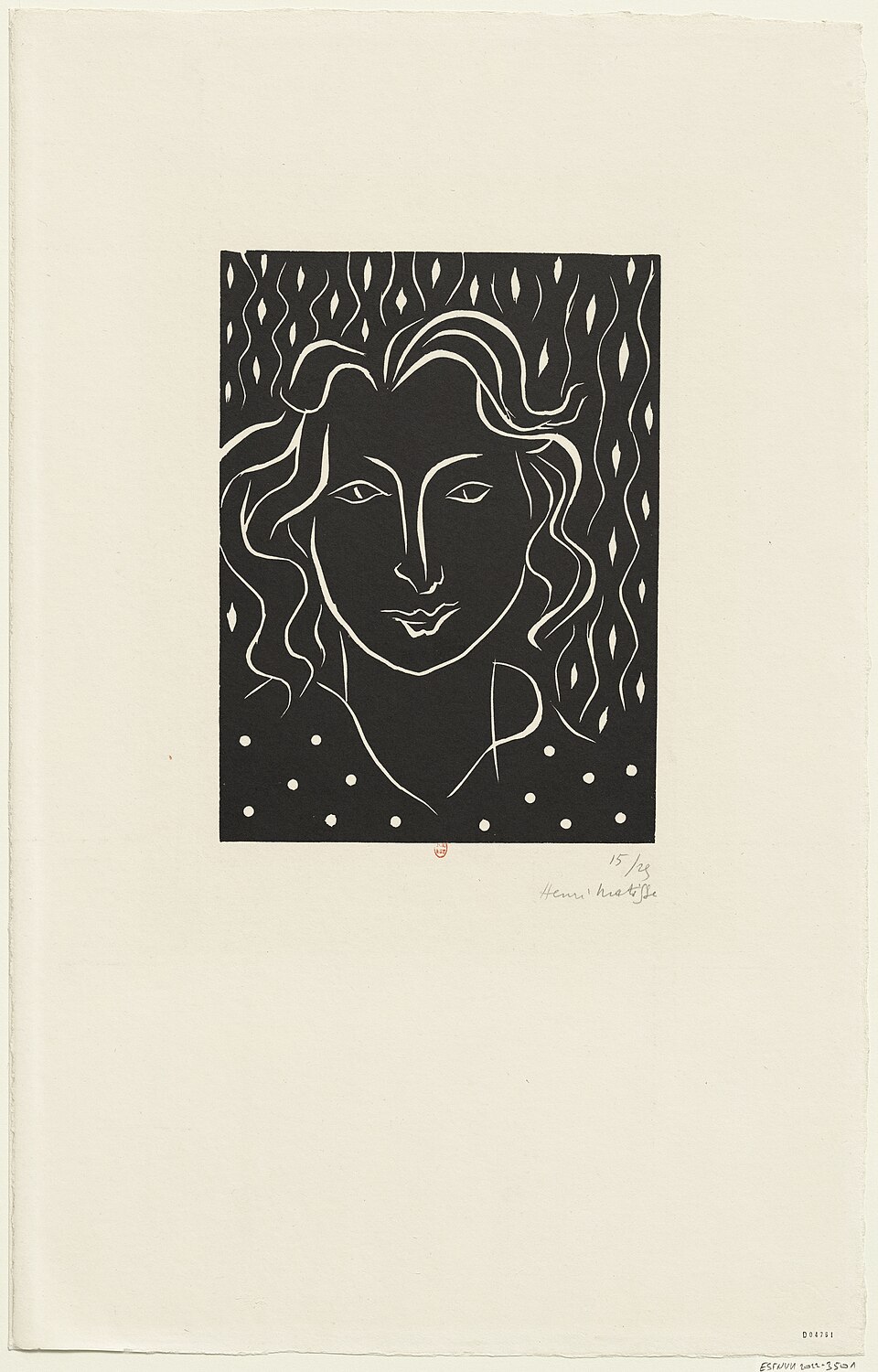 マティス《春（Primavera）》1938年、黒い長方形の中に白線で女性の顔と髪を表現した版画